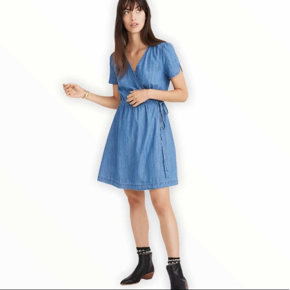 Madewell Chambray Denim Wrap Short Sleeve Dress